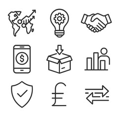 Emerging Market Icons. Outline icon set of emerging market opportunities: map with growth hotspots, startup lightbulb, investment