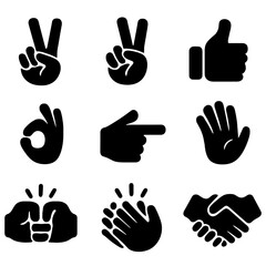 Fototapeta premium Hand Gesture Icons. Solid, filled icon set of hand symbols and icons: peace sign, victory hand, thumbs up, OK sign, finger