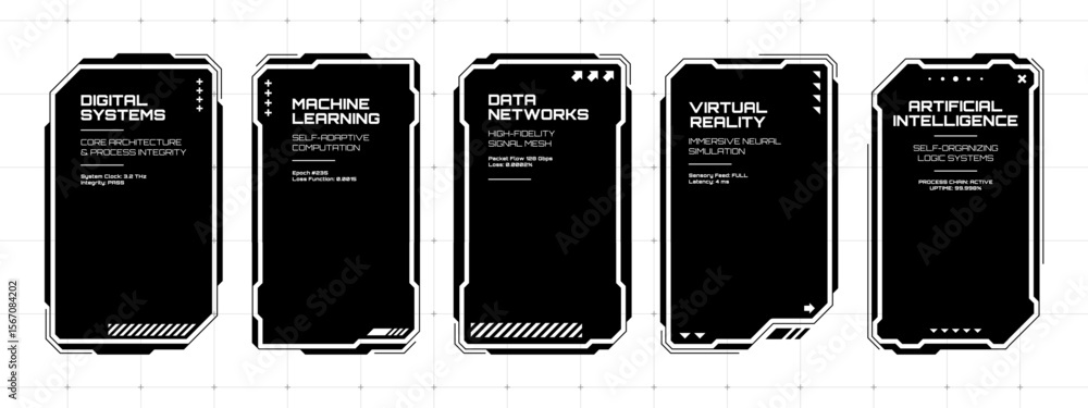 Fototapete five black futuristic hud text box frames with digital information. data interface concept for moder