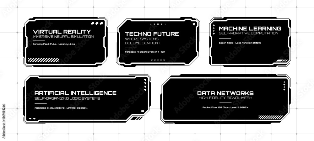 Fototapete set of black hud text box frames for data display. white grids on background with cross lines.