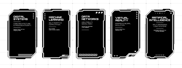 Five black futuristic hud text box frames with digital information. Data interface concept for modern technology display.