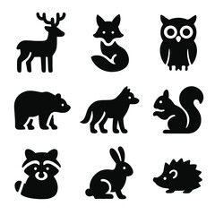 Fototapeta premium Forest Creature Icons. Solid, filled icon set of forest creatures: deer, fox, owl, bear, wolf, squirrel, raccoon, rabbit, hedgehog