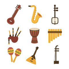 Traditional Instruments Icons. Flat icon set of traditional musical instruments: sitar, saxophone, shamisen, bagpipes, djembe, pan