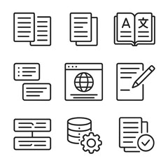 Training Data Icons. Outline icon set of training data types: parallel corpus, monolingual text, bilingual dictionary, glossary