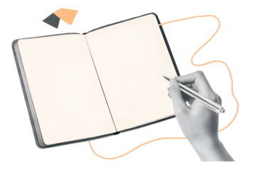 Hand writes in a blank opened note. Modern collage style. Illustration on transparent background