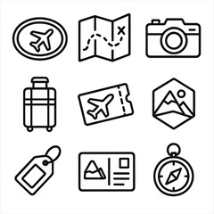 Travel Icon Grid. Outline icon set of travel diary: passport stamp, map sketch, camera, suitcase, plane ticket, travel sticker,