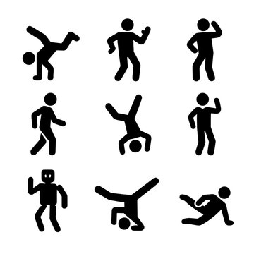 Freestyle Dance Icons Collection. Solid, filled icon set of freestyle dance moves: breakdance, popping, locking, moonwalk,