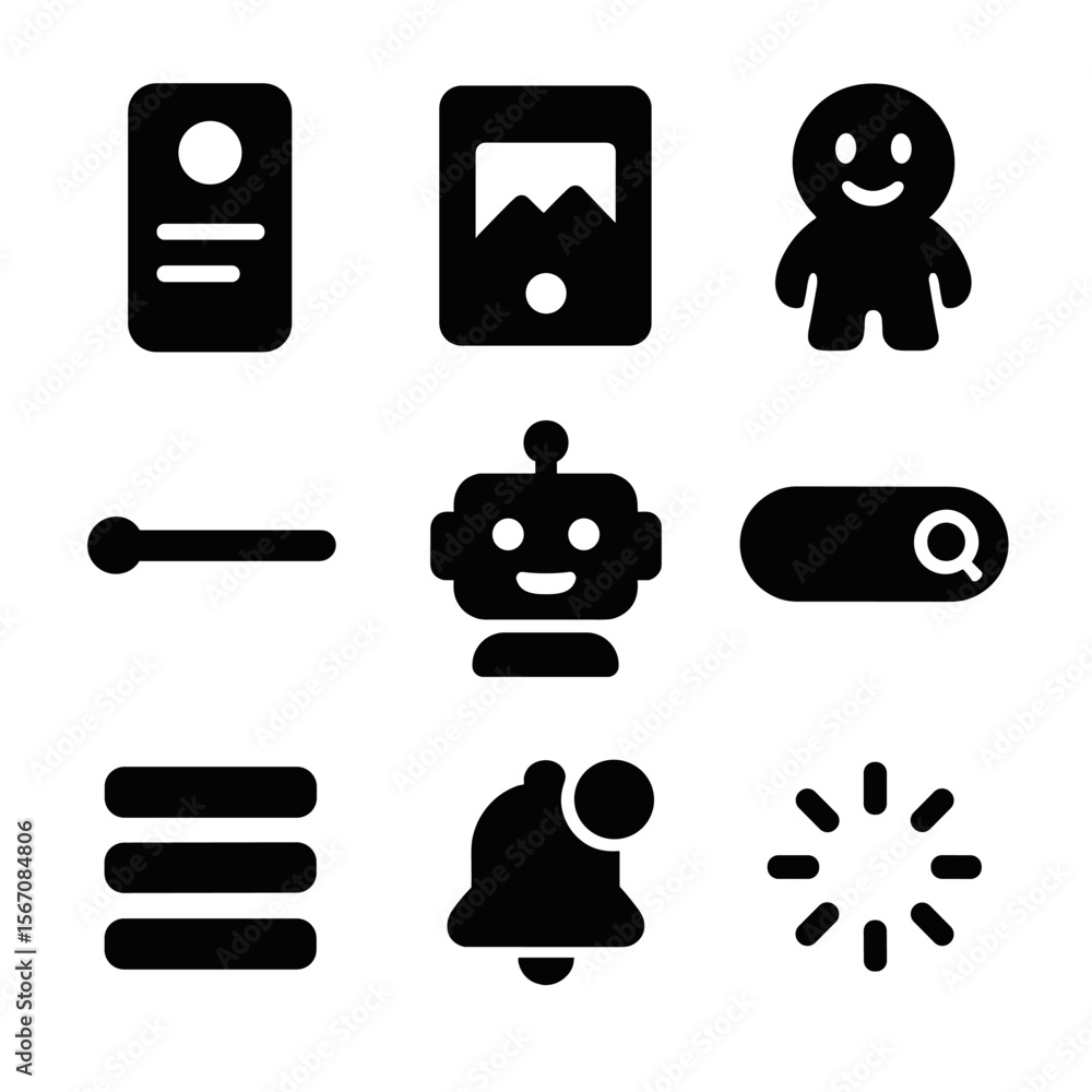 Poster ui_ux icon collection. solid, filled icon set of ui/ux illustration components: onboarding screen, e