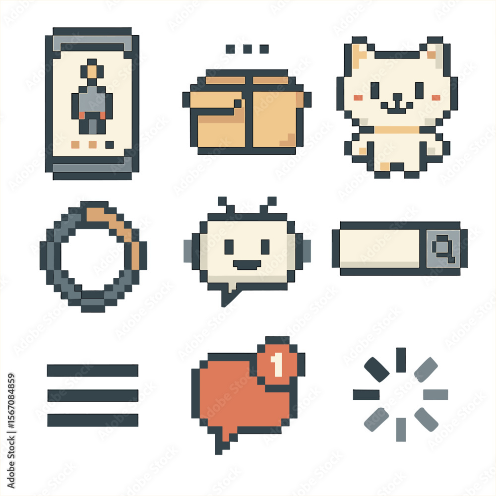 Poster ui_ux pixel icons. pixel art icon set of ui/ux illustration components: onboarding screen, empty sta