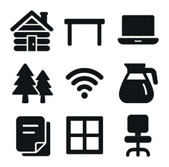Remote Work Icons. Solid, filled icons set of work from cabin: wooden house, desk, laptop, trees, wifi icon,