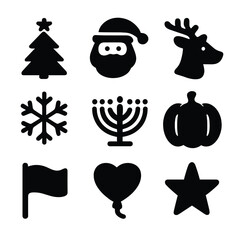 Naklejka premium Holiday Icons Grid. Solid, filled icon set of holiday parades: Christmas tree, Santa Claus, reindeer, snowflake, menorah, pumpkin,