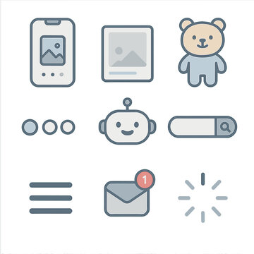 UI_UX Icon Set. Flat icon set of UI/UX illustration components: onboarding screen, empty state, mascot character, progress