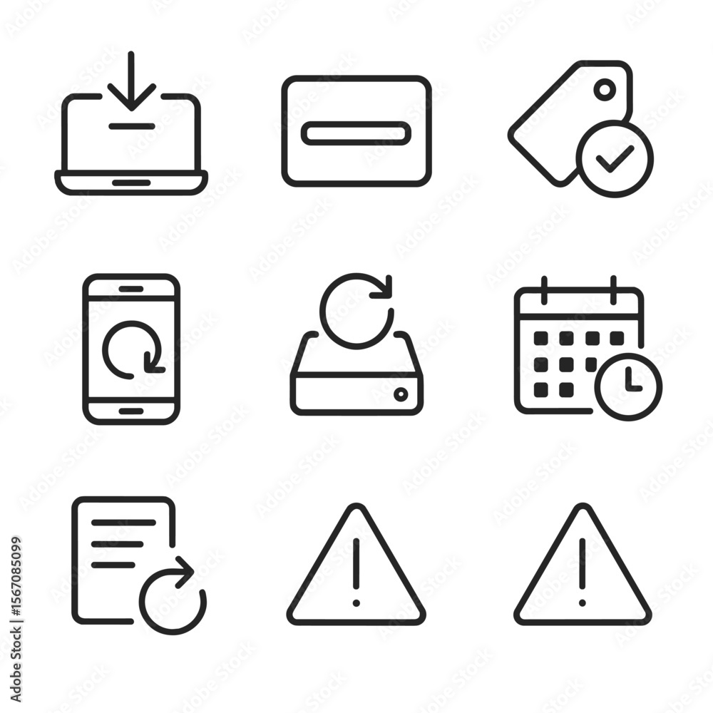 Poster firmware update icons. outline icon set of firmware updates and maintenance: download arrow on devic