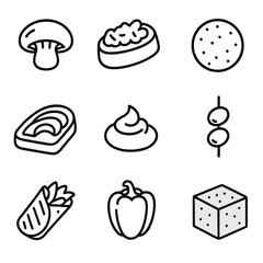 Vegan Appetizer Icons. Outline icon set of vegan appetizer selection: stuffed mushroom, bruschetta toast, falafel ball, avocado
