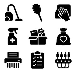 Home Office Cleanup Icons. Solid, filled icon set of home office cleanup: vacuum icon, duster, wipe cloth, disinfectant spray,