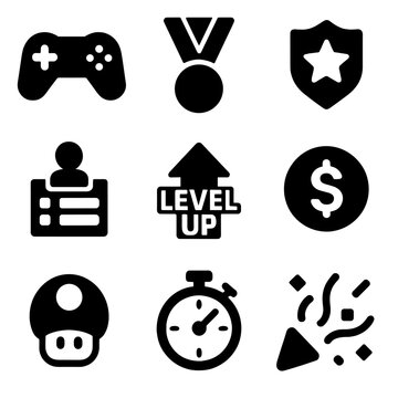 Gamified Learning Icons. Solid, filled icon set of gamified learning features: game controller, medal, badge, leaderboard, level
