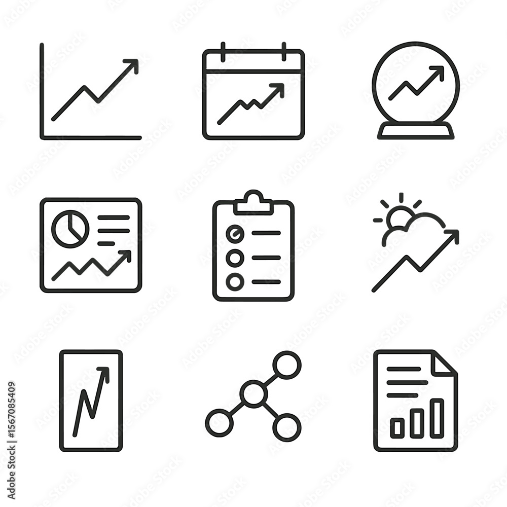 Poster forecast icon set. outline icon set of demand forecasting and trend analysis: line chart with trend 