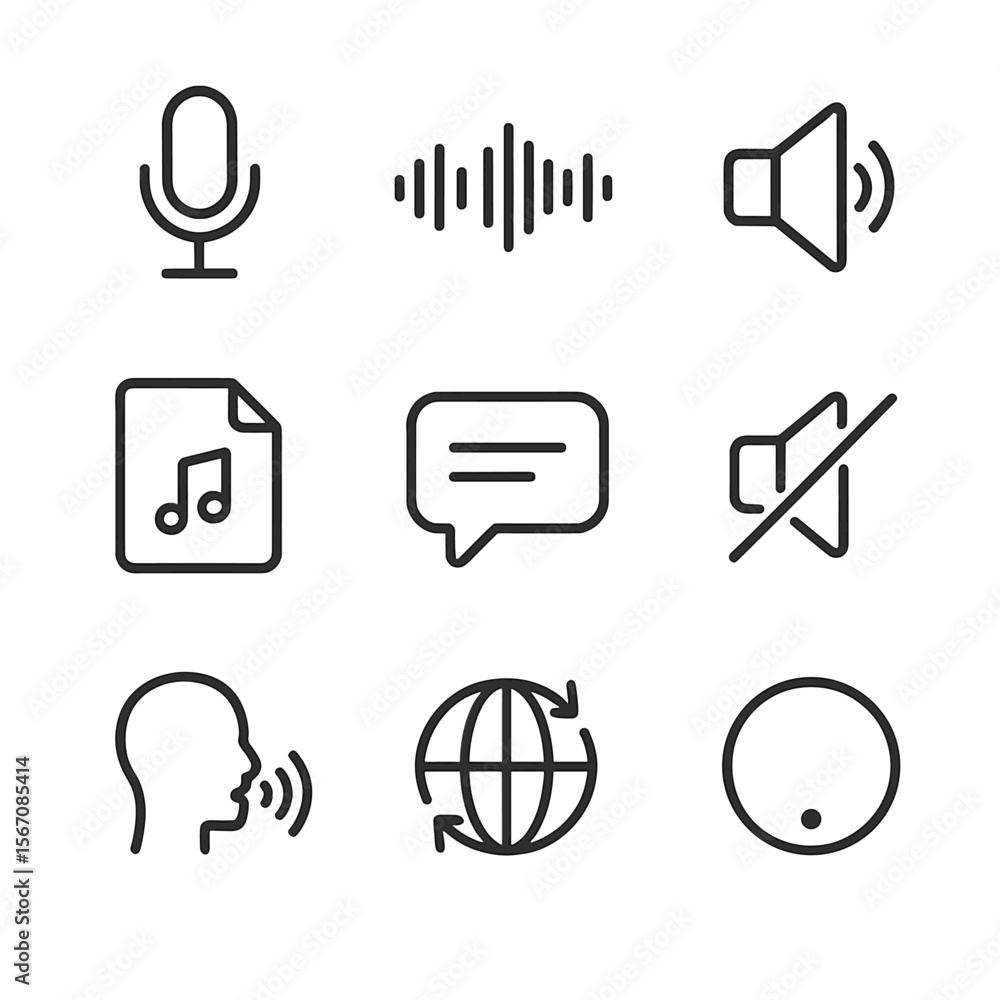 Poster voice translation icons. outline icon set of voice translation features: microphone input, waveform 