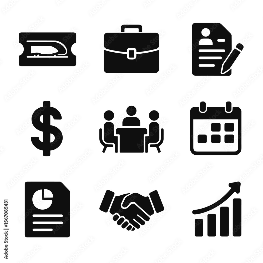 Poster hyperloop icons grid. solid, filled icon set of hyperloop business and operations: ticket, briefcase