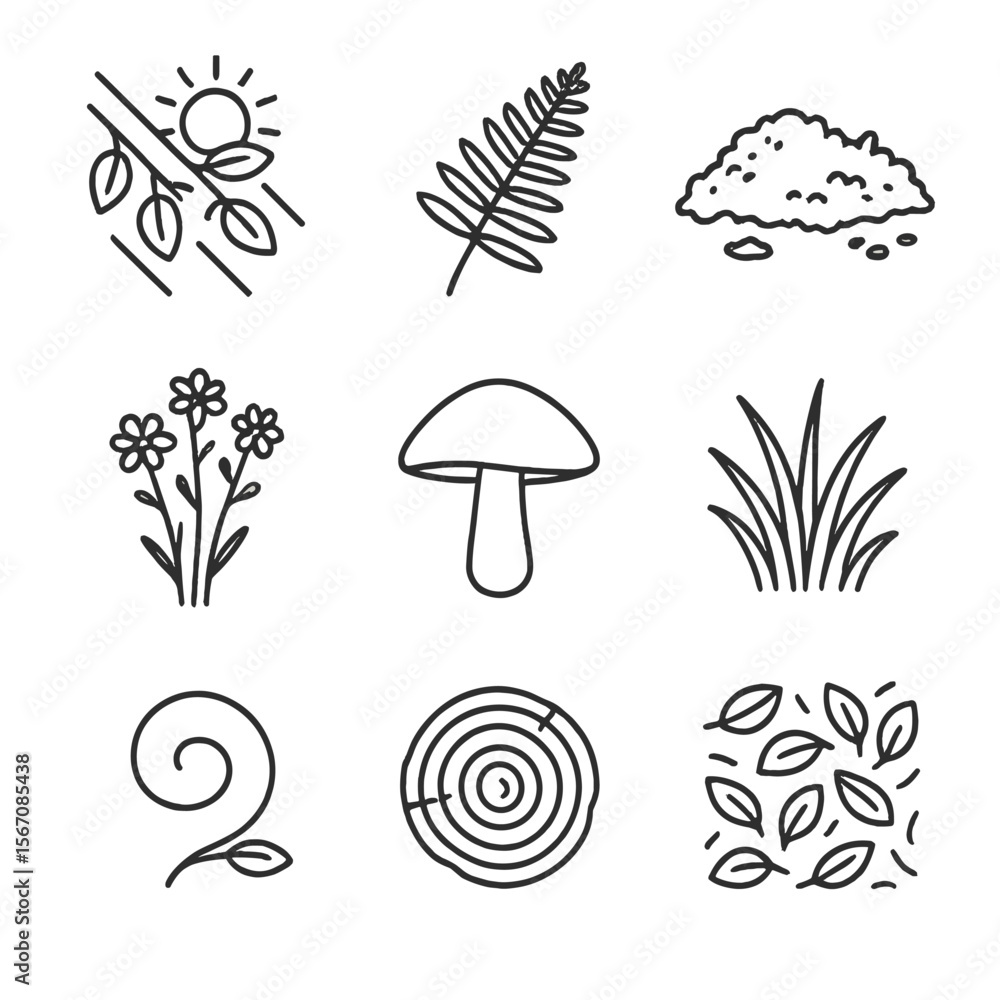 Poster forest flora icons. outline icon set of usage analytics and trend monitoring: usage graph chart, sea