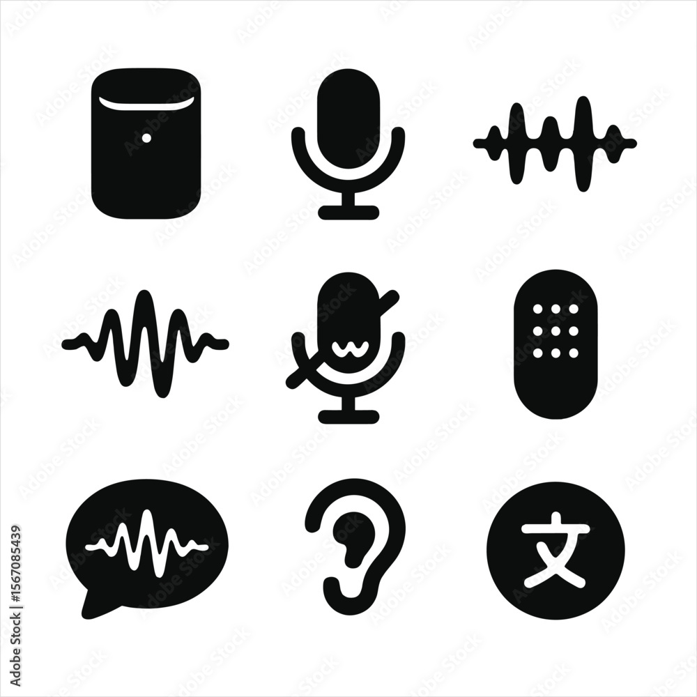 Poster voice interface icons. solid, filled icon set of voice control interfaces: smart speaker, microphone