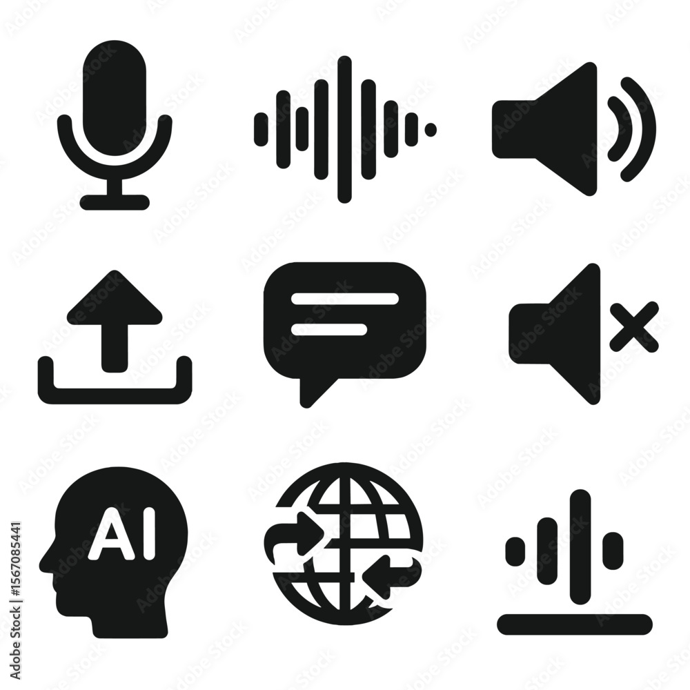 Poster voice translation icons. solid, filled icon set of voice translation features: microphone input, wav