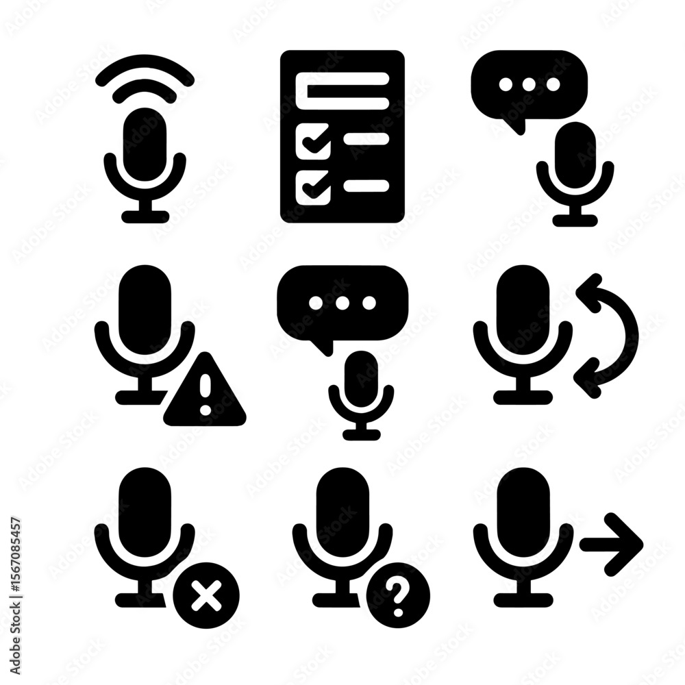 Poster voice ui icon set. solid, filled icon set of voice ui design patterns: wake word, slot-filling form,