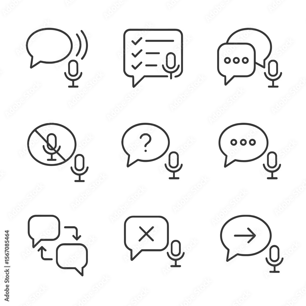 Poster voice ui icon set. outline icon set of voice ui design patterns: wake word, slot-filling form, guide