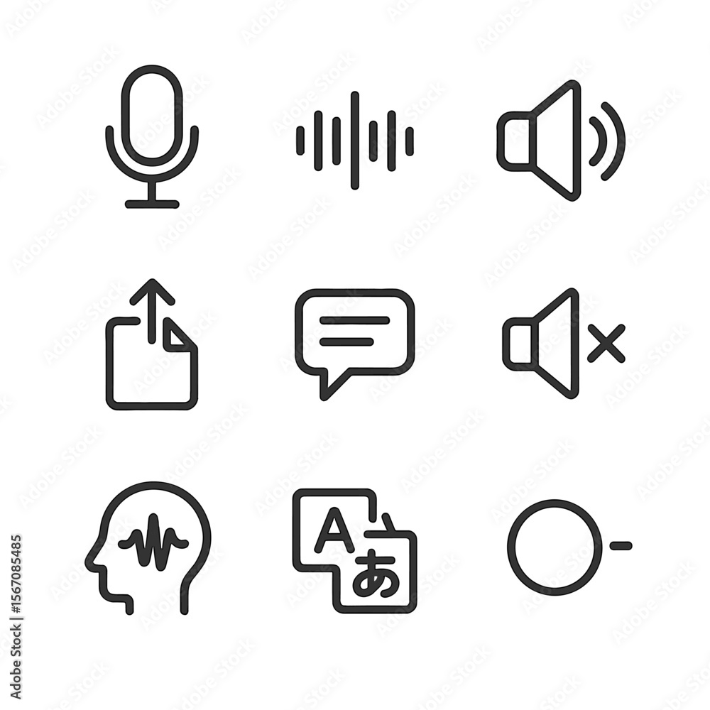 Poster voice translation icons. outline icon set of voice translation features: microphone input, waveform 