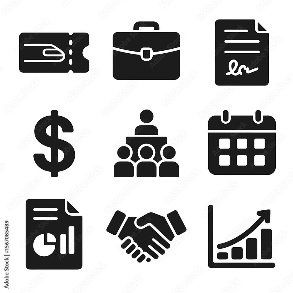 Poster hyperloop icons grid. solid, filled icon set of hyperloop business and operations: ticket, briefcase