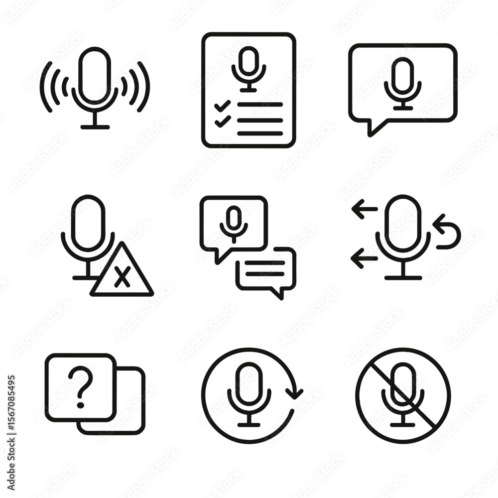 Poster voice ui icon set. outline icon set of voice ui design patterns: wake word, slot-filling form, guide