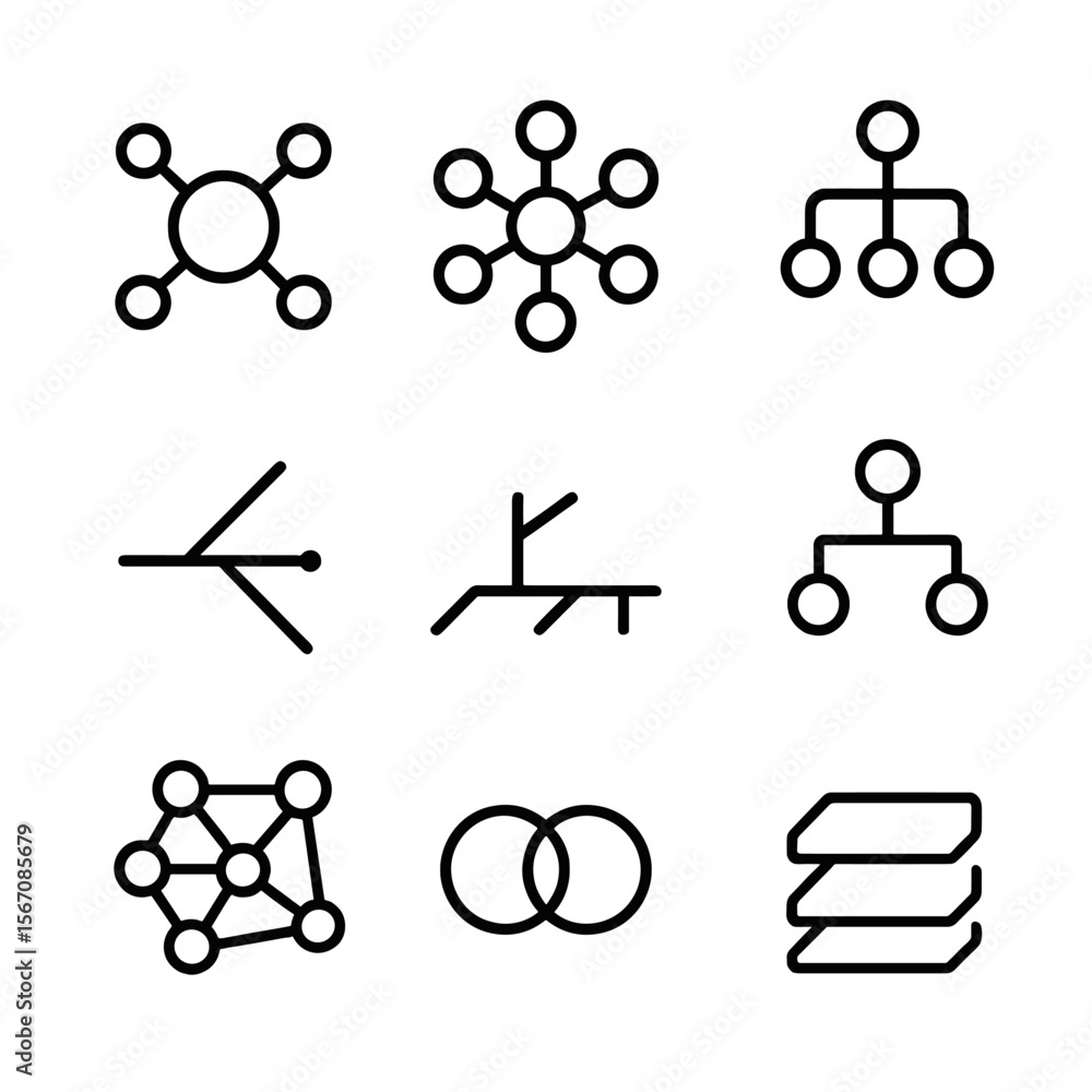 Poster mind mapping icons. outline icon set of mind mapping: central bubble, linked circles, tree diagram, 