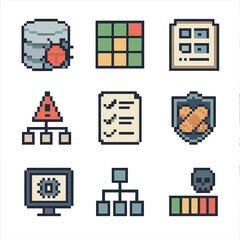 Vulnerability Methods Icons. Pixel art icon set of vulnerability assessment methods: CVE database, risk matrix, asset inventory,