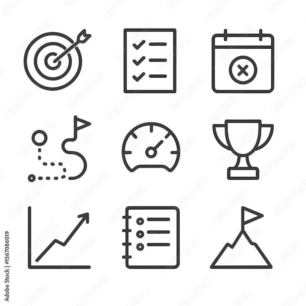 Aufkleber goal tracking icons. outline icon set of goal setting and progress tracking: target with arrow, chec
