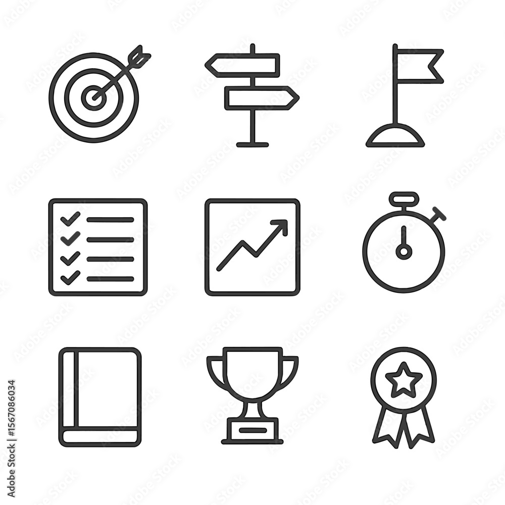 Poster goal progress icons. outline icon set of goal setting and progress tracking: target bullseye, roadma