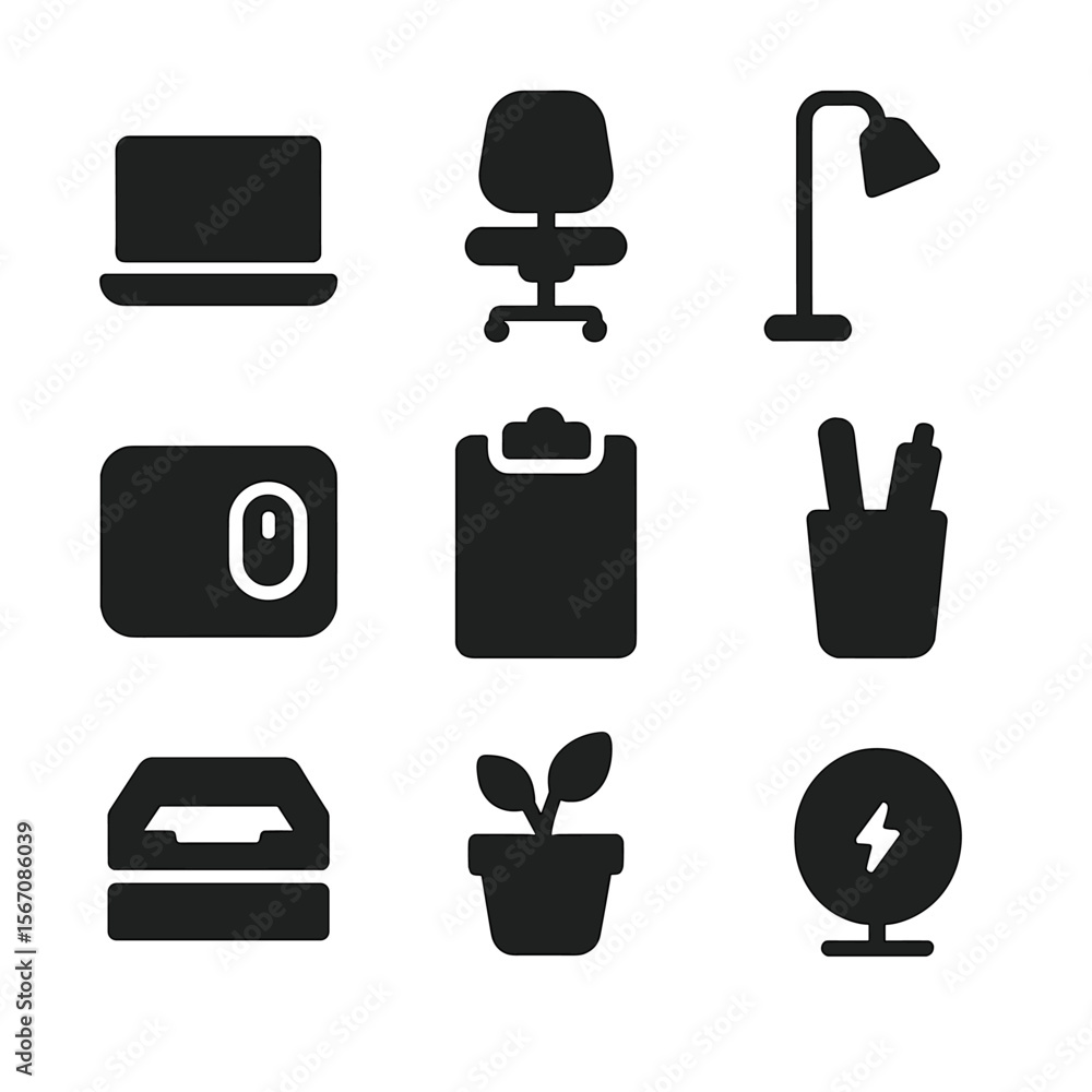 Poster minimalist workspace icons. solid, filled icon set of minimalist workspace elements: laptop, task ch