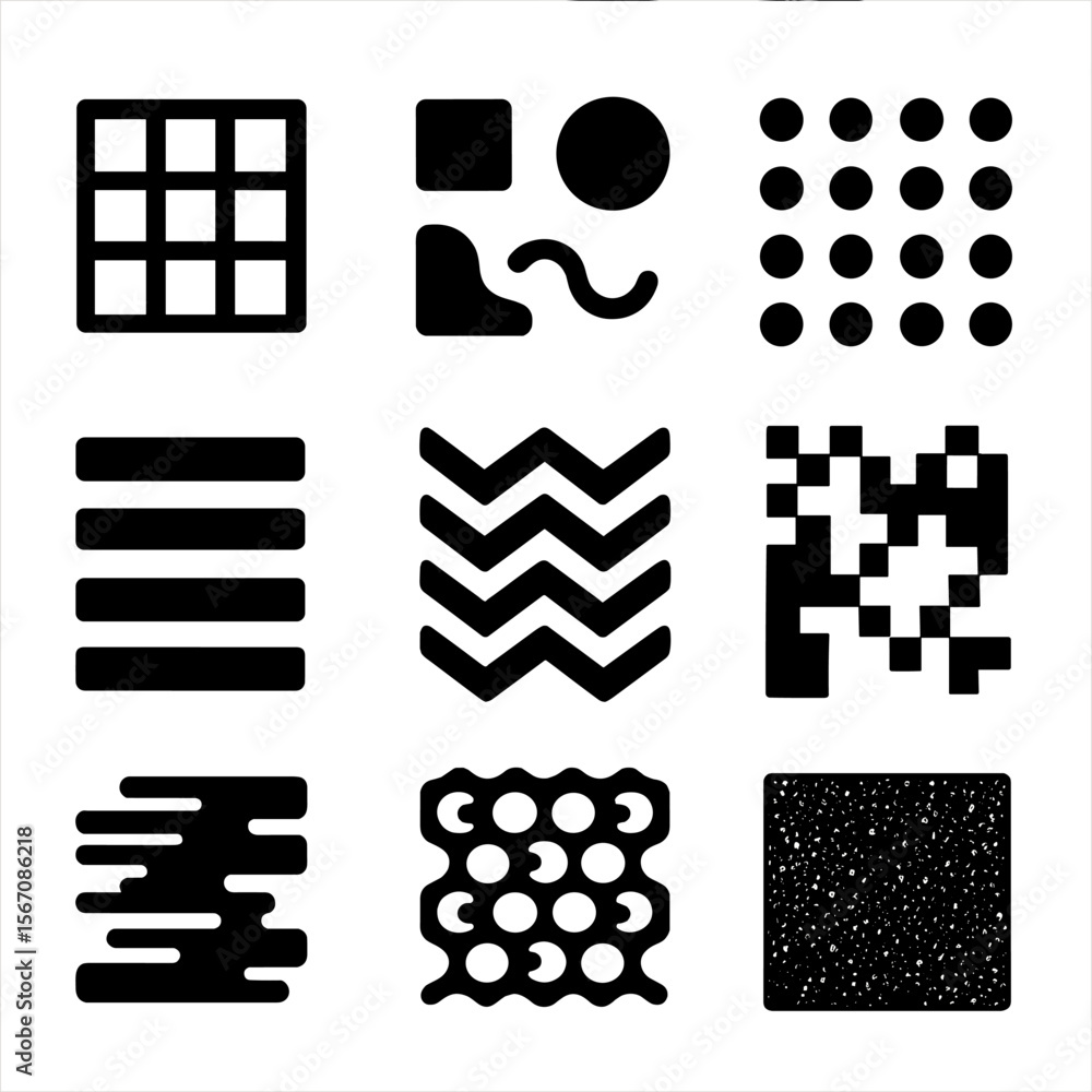 Poster modern design icons grid. solid, filled icon set of modern design patterns: minimal grid, abstract s