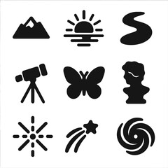 Inspirational Icons Grid. Solid, filled icon set of inspiration sources: mountain peak, sunrise, flowing river, telescope,