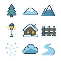 Winter Icon Collection. Flat icon set of snowfall landscapes: pine tree, snowdrift mound, mountain peak, streetlamp glow, cozy
