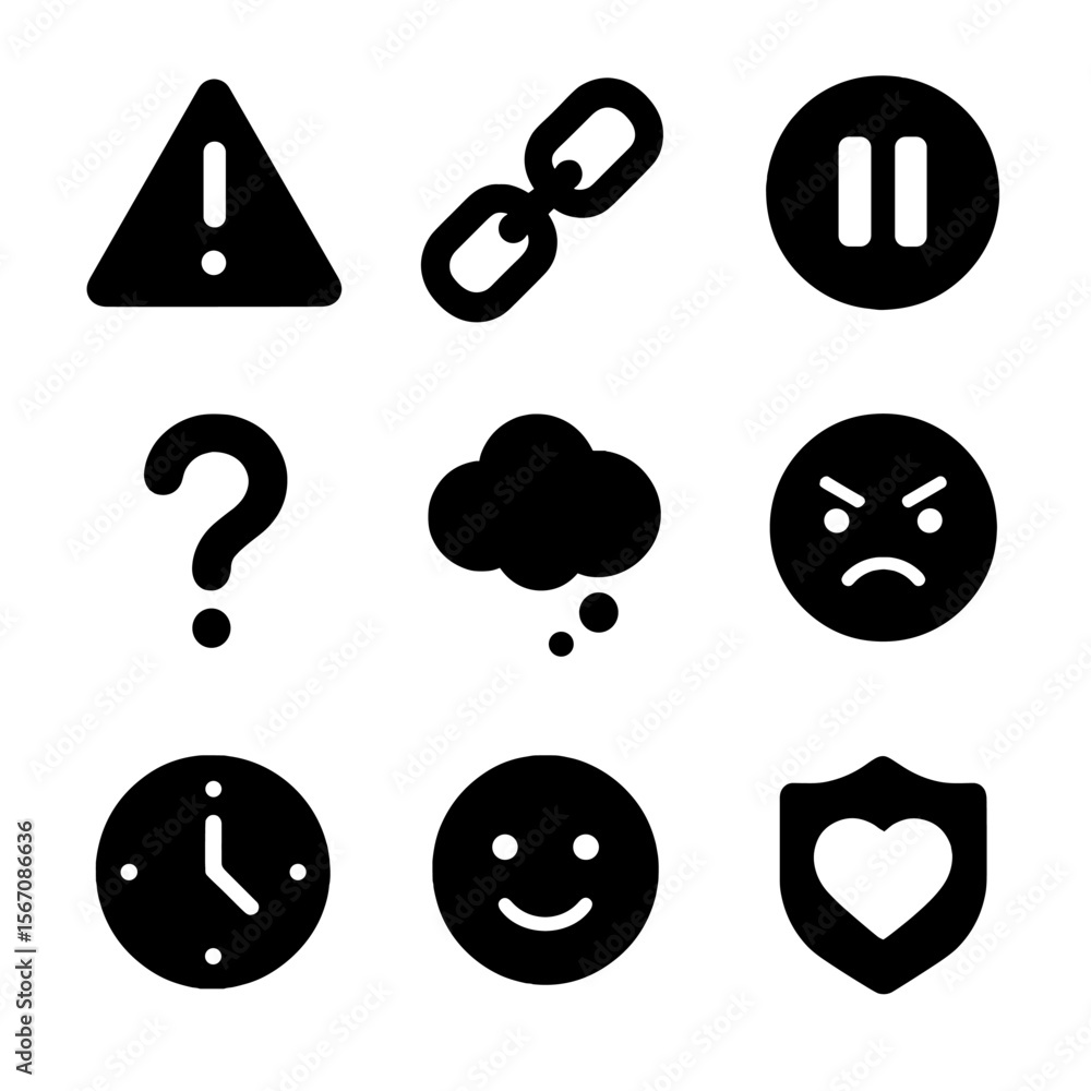 Poster jealousy trigger icons. solid, filled icon set of managing jealousy triggers: warning sign, broken c