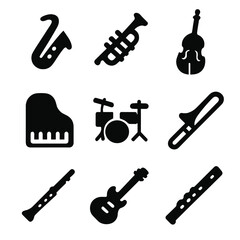 Obraz premium Jazz Instrument Icons. Solid, filled icon set of jazz performance instruments: saxophone, trumpet, double bass, piano, drum set,