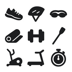 Workout Mode Icons. Solid, Filled icon set of workout mode presets: running shoe, cycling helmet, swim goggles, yoga mat, dumbbell