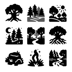 Naklejka premium Enchanted Forest Icons. Solid, filled icons set of enchanted forest landscape: ancient oak, misty woods,