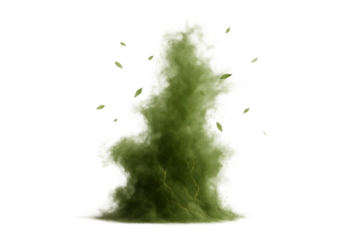 Green smoke cloud with leaves swirling around on a white background