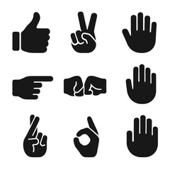 Hand Gesture Icons. Solid, filled icon set of hand gestures: thumbs up, peace sign, wave, finger point, fist bump, open palm,