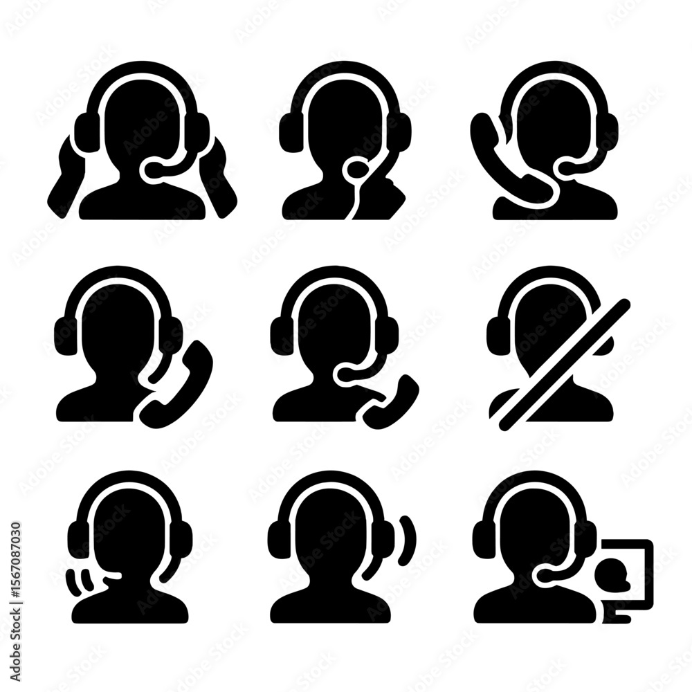 Poster headset user icons. solid, filled icon set of headset user actions: put on headset, adjust microphon