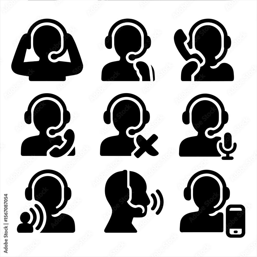 Poster headset user icons. solid, filled icon set of headset user actions: put on headset, adjust microphon