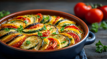 Side view of a ratatouille casserole dish fresh from the oven, bubbling and vibrant, blurred rustic kitchen