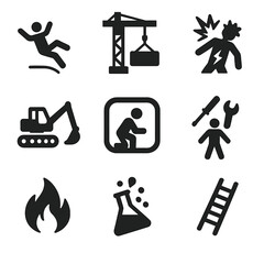 Fototapeta na wymiar Hazard Safety Icons. Solid, filled icon set of hazardous work conditions: falling worker, crane hazard, electrical shock, heavy