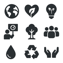 Earth Day Icons. Solid, filled icons set of earth day symbols: planet icon, heart leaf, light bulb, protest